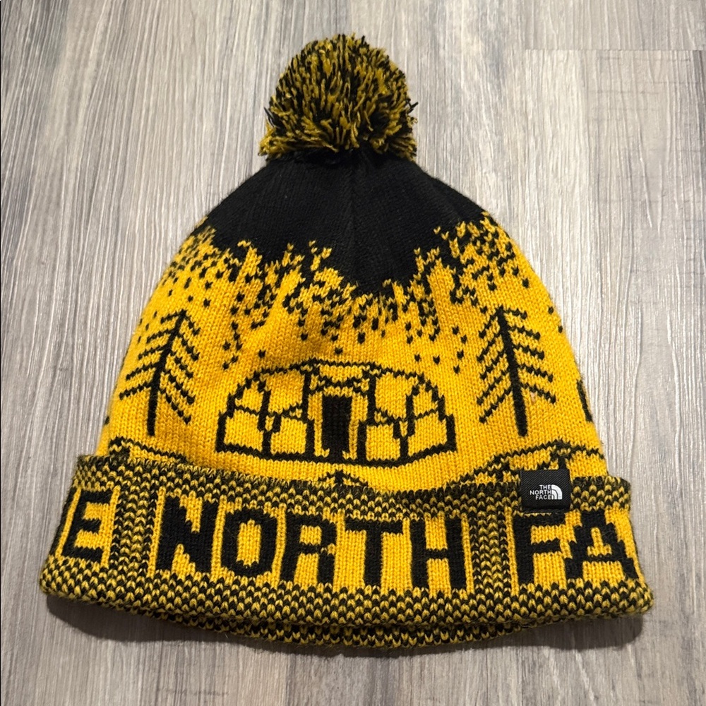 The North Face Kids Black and Yellow Pom Beanie